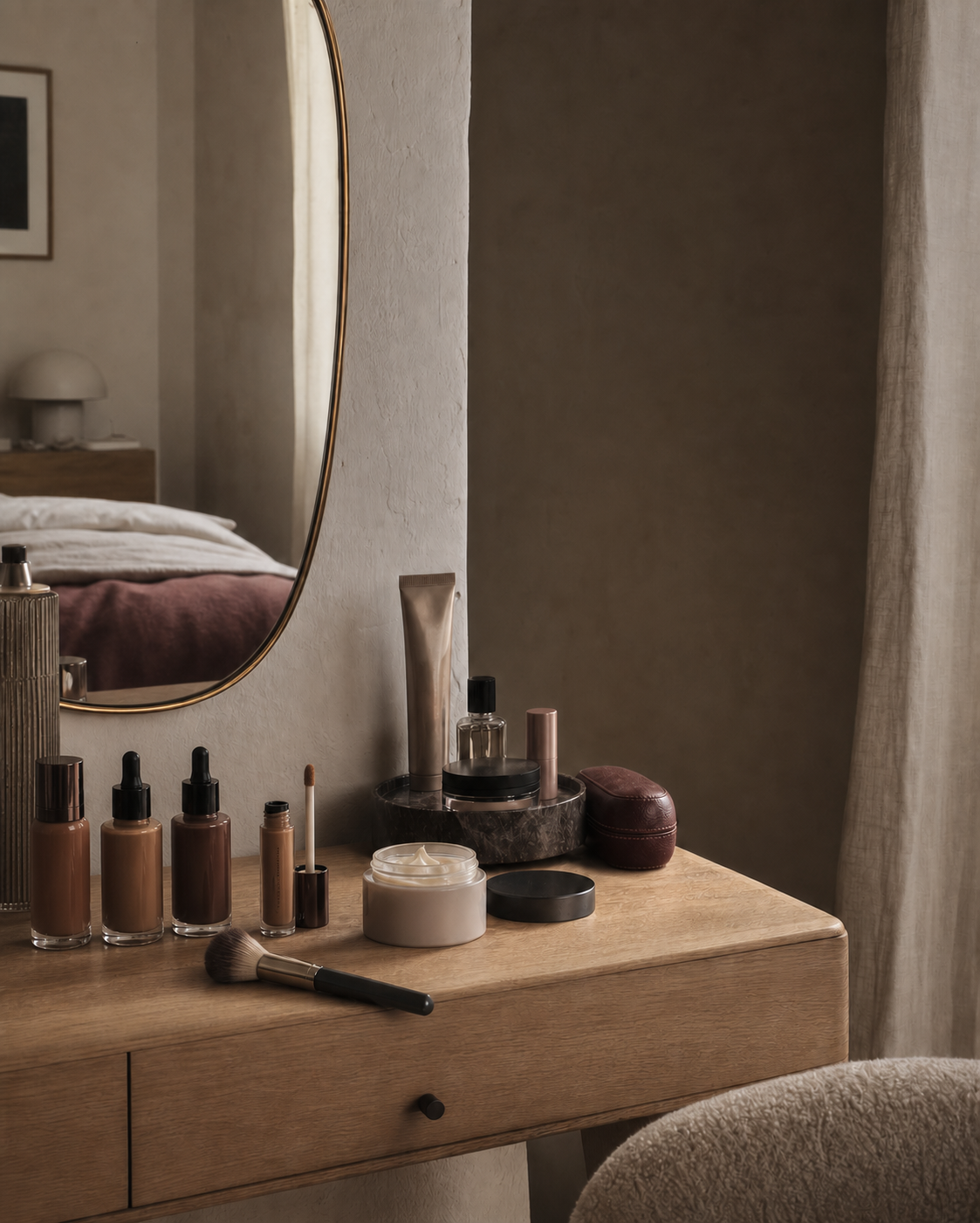 An original unbranded beauty routine arranged on a bedroom dressing table